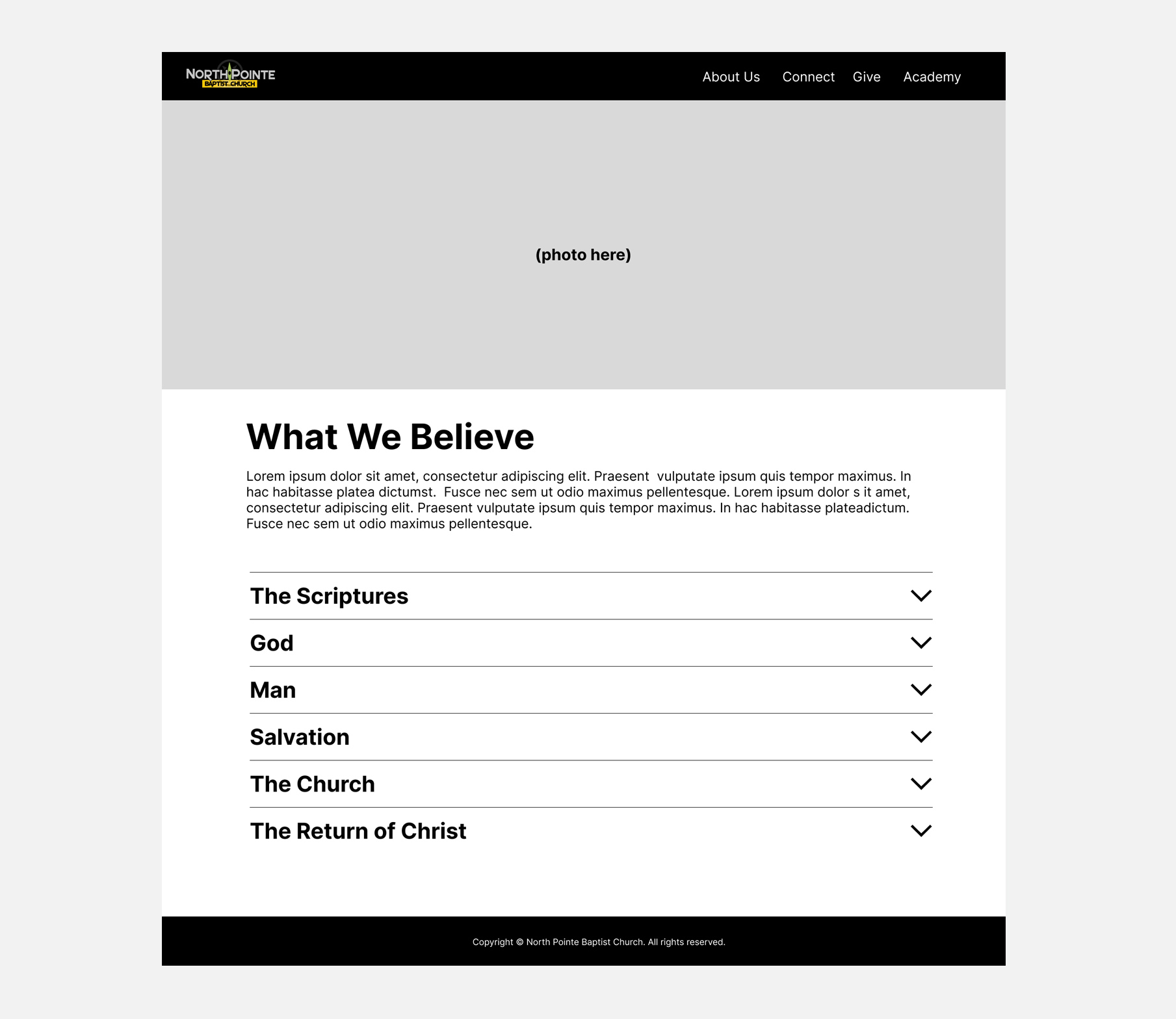 Desktop web design wireframe featuring expand-and-collapse accordion interface for core church beliefs and statement of faith.