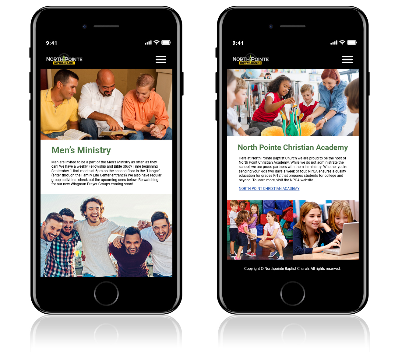 Mobile website screens displaying Men's Ministry fellowship details and Christian Academy partnership landing page.