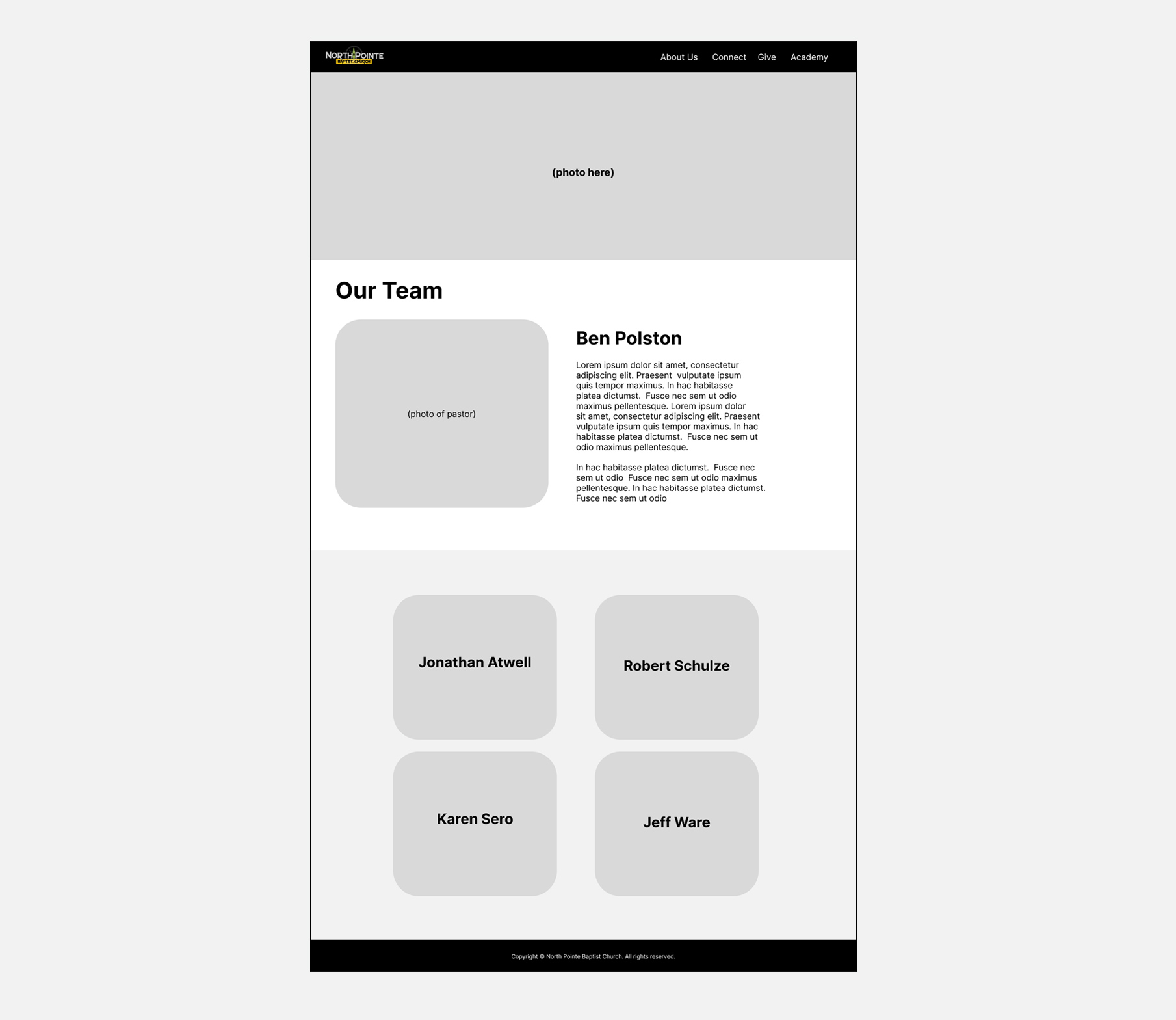 Web architecture layout wireframe showing the Our Team directory grid and primary leadership profile sections.