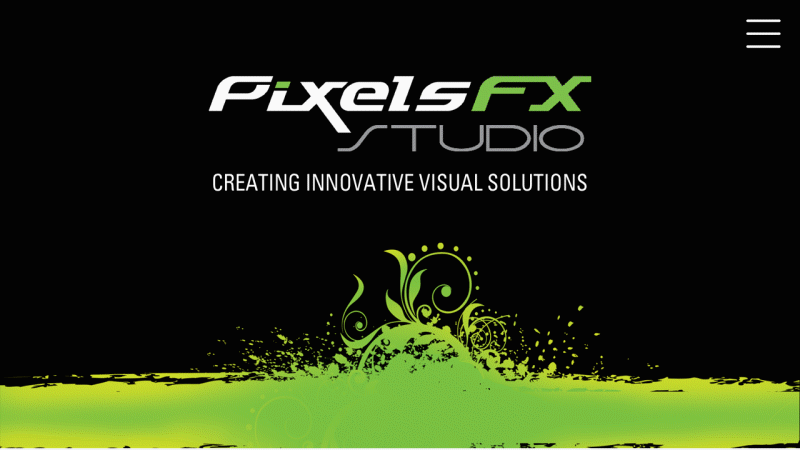 Interactive navigation menu animation demo for PixelsFX Studio website showing sleek UI transition effects.