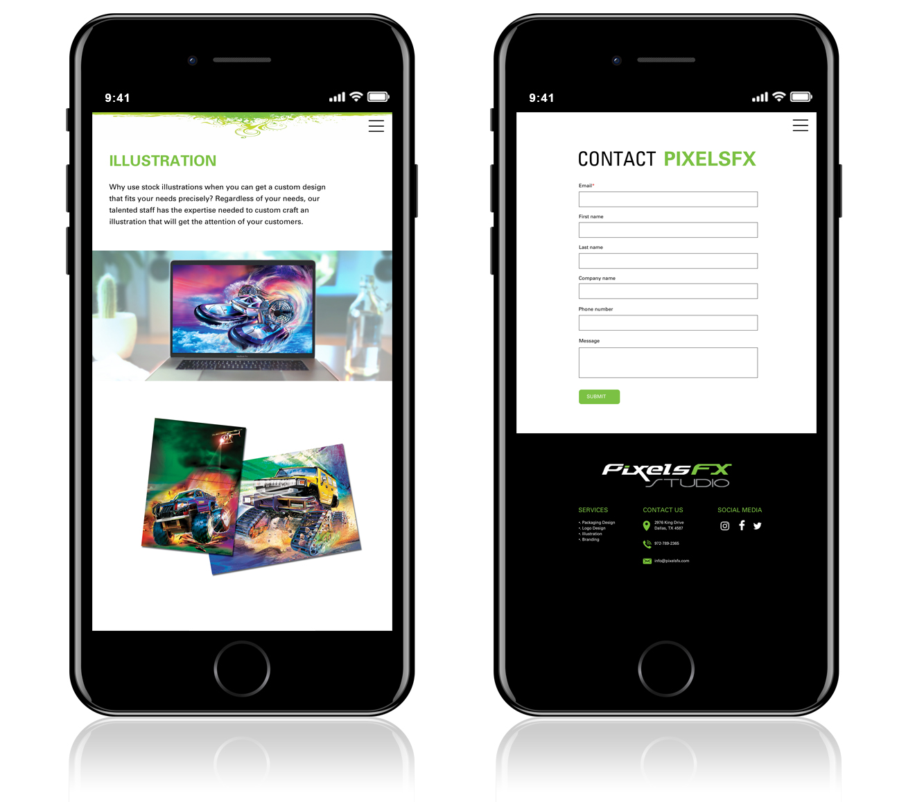 Mobile site wireframe featuring custom illustration showcase and online contact form interface for PixelsFX Studio.