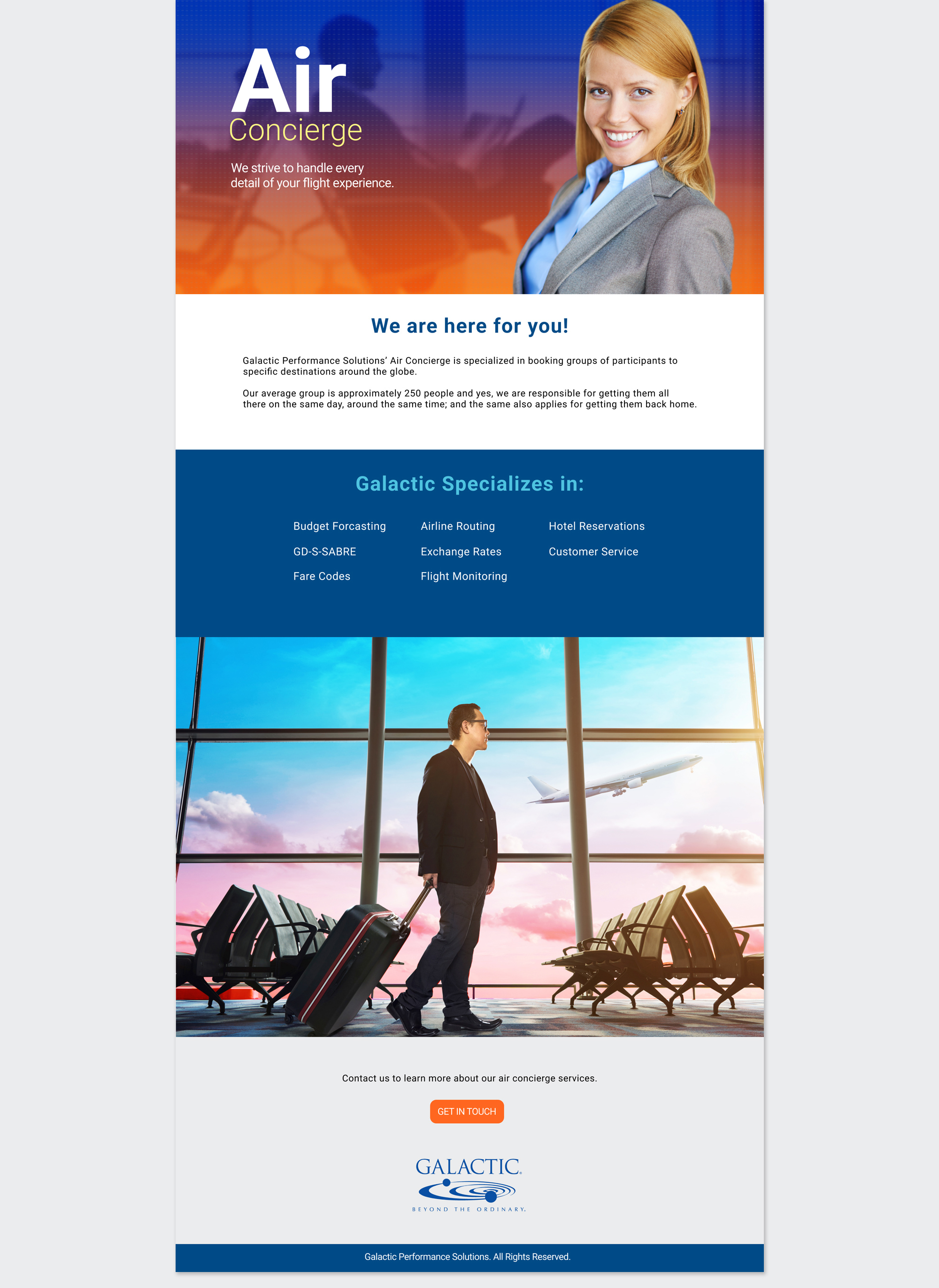 Long-form B2B lead generation landing page layout for Galactic Air Concierge featuring service highlights, airport imagery, and a call-to-action button.