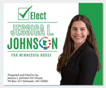 Animated political campaign ad featuring candidate portrait, campaign logo, and compliance disclosure for Minnesota House District 33B. 